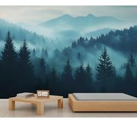 Papier peint forêt brumeuse - Grande peinture murale - Papier peint mural de montagne de forêt pour chambre à coucher - 150 x 105 cm - Ne se décolle pas et ne colle pas