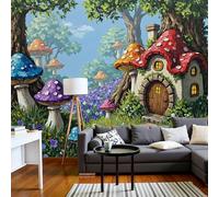Papier Peint Forêt Champignons Mignonne 250 X 175 Cm Papier Peint Panoramique Effet 3D, Peinture Murale Poster Intissé Maison Champignons Dessin Animé, Pour Chambre Salon Tv Fond