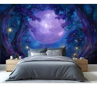 Papier peint Forêt enchantée au clair de lune, fresque murale Lune violette et lucioles scintillantes, décoration murale amovible et adhésive pour chambre ou salon 280x200cm (Non autocollant)