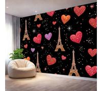 Papier Peint Français Vintage, Papier Peint Panoramique Cœur Étoiles Tour Eiffel, Tapisserie Premium Géante Poster Mural Intissé pour Salon Chambre d'Enfant Bureau Décoration200 x 140 cm, Noir Rouge