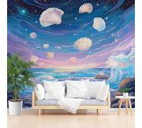 Papier Peint Galaxie Vagues Coquillages Papier Peint Panoramique Décoration Murale Pour Salon, Chambre, Tapisserie Murales Intissé, Paysage de Rochers et de Vagues Wallpaper Mural 350x256cm(L x H)