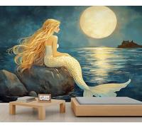Papier peint Golden Beauty Fish Moon - Beau papier peint côtier - Mer - Bord de mer - Rochers - Vue nocturne - Papier peint pour chambre d'enfant, salon, chambre de garçon - 500 x 350 cm