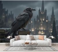Papier Peint Gothique Architecture Corbeau 3D Effet Panoramique Photo Muraux | 250×175 CM Poster Mural Livres Anciens Châteaux Corbeaux Geant Mural Salon Chambre D'enfants Restaurant Décoration Murale