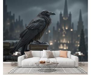 Papier Peint Gothique Architecture Corbeau 3D Effet Panoramique Photo Muraux | 250×175 CM Poster Mural Livres Anciens Châteaux Corbeaux Geant Mural Salon Chambre D'enfants Restaurant Décoration Murale
