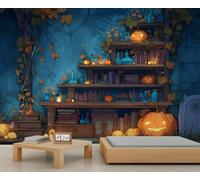 Papier peint gothique d'Halloween vintage bibliothèque papier peint pour chambre de fille - Magicien - Décoration murale de chalet - Fleur sauvage, pierre tombale, citrouille - Papier peint pour salon