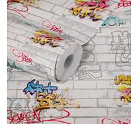 Papier Peint Graffiti Avec Effet Mur Pour Chambre D'Adolescent - Coloré, Blanc