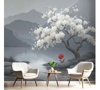 Papier Peint Gris-Noir Fleurs De Prunier Sur Les Sommets Des Montagnes Tableaux Photo Mural Panoramique 3D Paysage À L'Encre Pour Salon Meubles Chambre À Couche Couloir Décoration Murale,350X260Cm