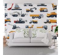 Papier Peint Grue de Construction Excavatrice Papier Peint Panoramique Décoration Murale Pour Salon, Chambre, Tapisserie Murales Bâtiments et Voitures de dessin Animé Wallpaper Mural 150x105cm(L x H)