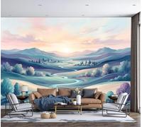 Papier Peint Guérison style dessin animé Panoramique 3D Coucher de soleil sur les collines et les vallées Papier Peint Cyan Murale Salon Chambre à Coucher Maison Décoration Intérieure 350x256cm