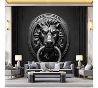 Papier Peint Heurtoir De Porte Rond Tête De Lion Panoramique 3D Papier Peint Noir Murale Salon Chambre à Coucher Maison Décoration Intérieure (300 x 210 cm (W x H))