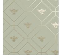 Papier peint - HOLDEN - 13080 - Vert sauge avec motifs abeille - Détails dorés métalliques - 10m x 53cm