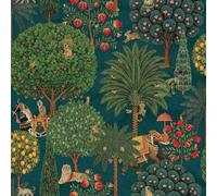Papier peint Holden Mangrove Forest - Forêt indienne, bleu sarcelle/vert | Revêtement mural pour chambre à coucher, salon et salle à manger, motifs d'animaux exotiques, finition vintage vieillie