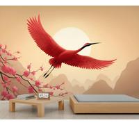 Papier peint ibis à crête - Oiseaux rouges volants - Papier peint pour chambre de fille - Fleurs de cerisier - Décoration murale pour salon et chambre à coucher - 300 x 210 cm