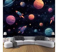 Papier Peint Illustration De Style Science-Fiction Spatiale Panoramique 3D Planète-Fusée Soie Papier Murale Salon Chambre à Coucher Maison d'enfants Décoration Intérieure 200×140 CM ,Bleu Marine