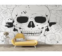 Papier Peint Imprimé gothique, Papier Peint Panoramique Crâne avec roses Autocollant, Grand Poster Mural Décoration pour Salon, Chambre, 350x256cm - Roses tête de mort blanches H35