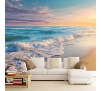 Papier Peint Imprimé Magnifique Coucher De Soleil Vagues De L'Océan, Bleu Marine Papier Peint Panoramique Décoration Murale Pour Salon Chambre Murales Intissé, 250 x 175 cm 3D Tapisserie Photo