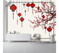 Papier Peint Imprimé Style Chinois Lanternes Fleurs De Prunier, Kaki Papier Peint Panoramique Décoration Murale Pour Salon Chambre Murales Intissé, 400 x 280 cm 3D Tapisserie Photo