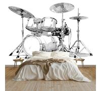 Papier Peint Instruments De Musique Peints À La Main Tambours Papier Peint Panoramique Mural 300x210 cm Affiche Géante Décoration pour Salon Chambre Chambre D'Enfant Décoration Murale, Noir Et Blanc