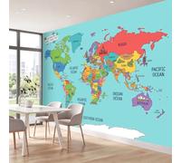 Papier Peint Intissé 200 x 140 cm, Cartoon Illustration Murale Panoramique | Carte Du Monde Icônes Texte Imperméable intérieure Murale pour Salon Chambre Bureau TV Fond, Multicolore Décor Murale Maison