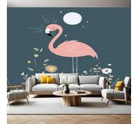 Papier Peint Intissé 200x140 cm Flamant rose et marguerites de dessin animé Papier Peint Panoramique Mural Affiche Géante Décoration Murale Photo Salon Chambre D'enfant Décor Fond TV