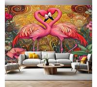 Papier Peint Intissé 200x140 cm Flamant rose floral Papier Peint Panoramique Mural Affiche Géante Décoration Murale Photo Salon Chambre D'enfant Décor Fond TV
