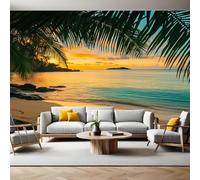 Papier Peint Intissé 200x140 cm Palmiers de Sunset Beach Papier Peint Panoramique Mural Affiche Géante Décoration Murale Photo Salon Chambre D'enfant Décor Fond TV