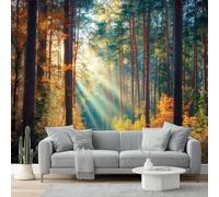 Papier peint intissé 250 x 175 cm Décoration murale pour salon, Forêt Soleil Nature Moderne Décoration Coucher Bureau Salle Fond Décor TV Or vert