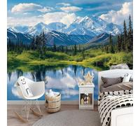 Papier Peint intissé 300 x 210 cm Décoration Murale Bleu Tableaux Muraux Tapisserie Photo Panneau décoratif Photo sur le mur Trompe l'oeil Paysage montagne/herbe