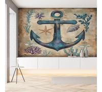 Papier Peint Intissé 3D Ancre Maritime Océan Nautique Tapisserie Murale Papier Peint Corail Coquille étoile de Mer Conque Wallpaper Panoramique Décoration Murale pour Meuble Salon Chambre 200 x 150 cm