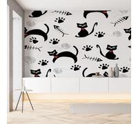 Papier Peint Intissé 3D Chat Noir Empreintes de Pattes Tapisserie Murale Papier Peint Dessin Animé Animal de Compagnie Wallpaper Panoramique Décoration Murale Meuble Salon Chambre Bureau 200 x 150 cm