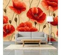 Papier Peint Intissé 3D Fleur Coquelicot Cœur Mur Photo Murales, Botanique Vintage Papier Peint Panoramique Muraux 250 x 175 cm Pour Salon Tv Canapé Thème Hôtel Luxe Couloir