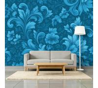 Papier Peint Intissé 3D Fleurs Bleues Botaniques Mur Photo Murales, William Morris Papier Peint Panoramique Muraux 450 x 280 cm Pour Salon Tv Canapé Thème Hôtel Luxe Couloir