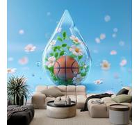 Papier Peint Intissé 3D Goutte D’Eau Ballon Basket Fleurs Mur Photo Murales, Hyperréaliste Papier Peint Panoramique Muraux 250 x 175 cm Pour Salon Tv Canapé Thème Hôtel Luxe Couloir Fond Pein