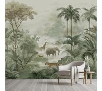 Papier Peint Intissé 3D Jungle Tropical Safari Forêt Tapisserie Murale Papier Peint Animaux Sauvages Tigre éléphant Girafe Wallpaper Panoramique Décoration Murale Meuble Salon Chambre 200 x 150 cm