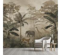 Papier Peint Intissé 3D Jungle Tropical Safari Forêt Tapisserie Murale Papier Peint Animaux Sauvages Tigre éléphant Girafe Wallpaper Panoramique Décoration Murale Meuble Salon Chambre 200 x 150 cm