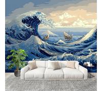 Papier Peint Intissé 3D Panoramique 200x140 cm Voilier Painted Wave Papier Peint Photo Fresque Murale Décoration Murale Personnalisée, Bleu Résistant à la Poussière, Poster Mural