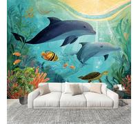 Papier Peint Intissé 3D Panoramique 250x175 cm Dauphin Sous Marin de Dessin Animé Papier Peint Photo Fresque Murale Décoration Murale Personnalisée, Coloré Résistant à la Poussière, Poster Mural