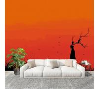 Papier Peint Intissé 3D Panoramique 250x175 cm Silhouette Simple Du Coucher de Soleil Papier Peint Photo Fresque Murale Décoration Murale Rouge Orange Résistant à la Poussière, Poster Mural
