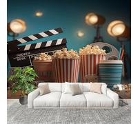Papier Peint Intissé 3D Panoramique 250x175 cm ThèMe Du Popcorn de CinéMa Papier Peint Photo Fresque Murale Décoration Murale Personnalisée, ThèMe Du CinéMa Résistant à la Poussière, Poster Mural
