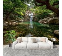 Papier Peint Intissé 3D Panoramique 300x210 cm Cascade JungleièRe Et éTang De Lotus Papier Peint Photo Fresque Murale Décoration Murale Paysage Naturel Résistant à la Poussière, Poster Mural