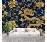 Papier Peint Intissé 3D Panoramique 300x210 cm Motif de Dragon Chinois de Luxe Papier Peint Photo Fresque Murale Décoration Murale Personnalisée, Or Résistant à la Poussière, Poster Mural