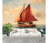 Papier Peint Intissé 3D Panoramique 300x210 cm Peinture D'Art Nautique RepréSentant Un Voilier Papier Peint Photo Fresque Murale Décoration Murale Couleur Orange Résistant à la Poussière, Poster Mural