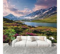 Papier Peint Intissé 3D Panoramique 350x256 cm Montagnes EnneigéEs, Lacs Et Champs de Fleurs Papier Peint Photo Fresque Murale Décoration Murale Beauté Naturelle Résistant à la Poussière, Poster Mural
