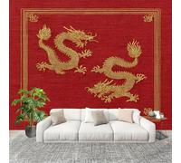 Papier Peint Intissé 3D Panoramique 400x280 cm Texture Traditionnelle Du Dragon Doré Papier Peint Photo Fresque Murale Décoration Murale Personnalisée, Rouge Résistant à la Poussière, Poster Mural