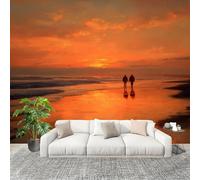 Papier Peint Intissé 3D Panoramique 400x280 cm Vue Sur La Plage Au Coucher Du Soleil Papier Peint Photo Fresque Murale Décoration Murale Couleur Orange Résistant à la Poussière, Poster Mural