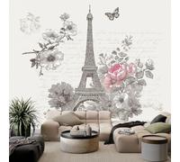 Papier Peint Intissé 3D Tour Eiffel Fleurs Papillons Mur Photo Murales, Esthétique Rétro Papier Peint Panoramique Muraux 200 x 140 cm Pour Salon Tv Canapé Thème Hôtel Luxe Couloir Fond Pein