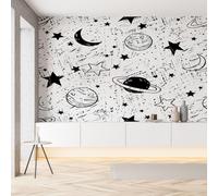 Papier Peint Intissé 3D Univers Planète Ciel étoilé Graffiti Tapisserie Murale Papier Peint Galaxie Étoiles Noir et Blanc Wallpaper Panoramique Décoration Murale pour Meuble Salon Chambre 200 x 150 cm