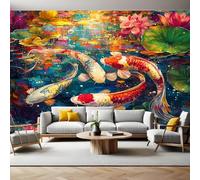 Papier Peint Intissé 400 x 280 cm Peinture de carpes koï d'étang de lotus Panoramique Image Photo Trompe l'oeil Murale Wallpaper Tapisserie pour Salon, Adulte Chambre d'enfants, Étude Décoration