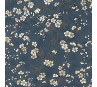 Rasch 456738 Papier peint intissé bleu avec petites fleurs de cerisier en blanc et beige, 10,05 m x 0,53 m (L x l)