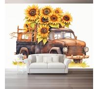 Papier Peint Intissé Américain Rétro 300 x 210 cm Papier Peint Photo Panoramique Poster Geant Mural Personnalisé, pour Salon Cuisines Chambre Décor Murale Jaune Tournesols Camion